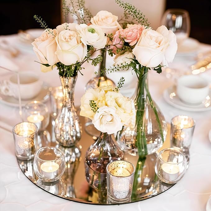 14PCS 12inch Round Mirrors for Centerpieces for Tables Acrylic Circle Mirror with 8" Round Candle Mirror Tray for Craft DIY Wedding Anniversary Christmas Party Table Decorations