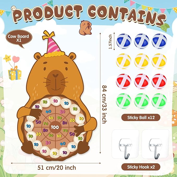 Seenelling Capybara Party Game 33 x 20 Capybara Dart Board with 12 Sticky Balls Toys Birthday Capy Party Decorations Favors