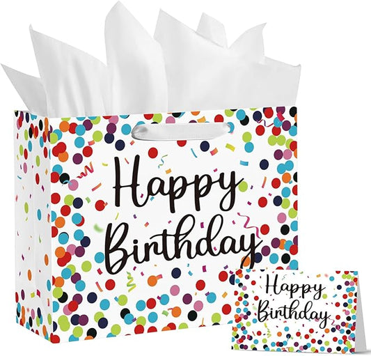 Horaldaily 13" Large Birthday Gift Paper Bags with Tissue Paper and Card, Happy Birthday Dots Streamers Gift Paper Bag for Men Women Kids Birthday,1Pcs