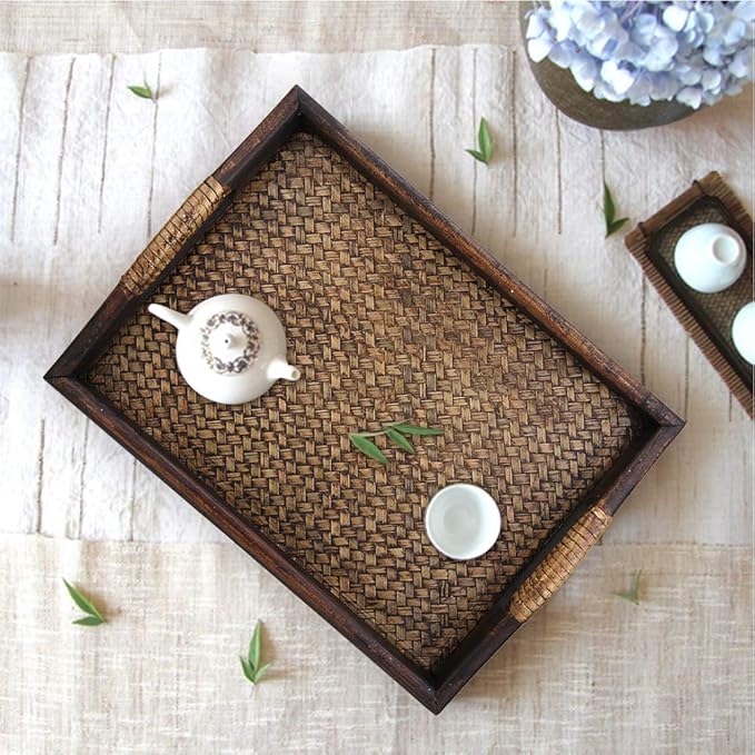 Wooden Serving Tray, Hand-Woven Rattan Rectangle Food Service Display Tray with Raised Handles, 9 Inch Natural Wood and Rattan Decorative Tray for Dining Coffee Table Tea Party
