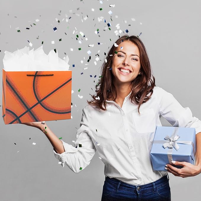 Oletx 13” Basketball Party Favor Gift Bags, Large Basketball Gift Wrapping Bag with Tissue Paper for Sports Party Birthday Goodie Gifts Treat Wrapping Bags