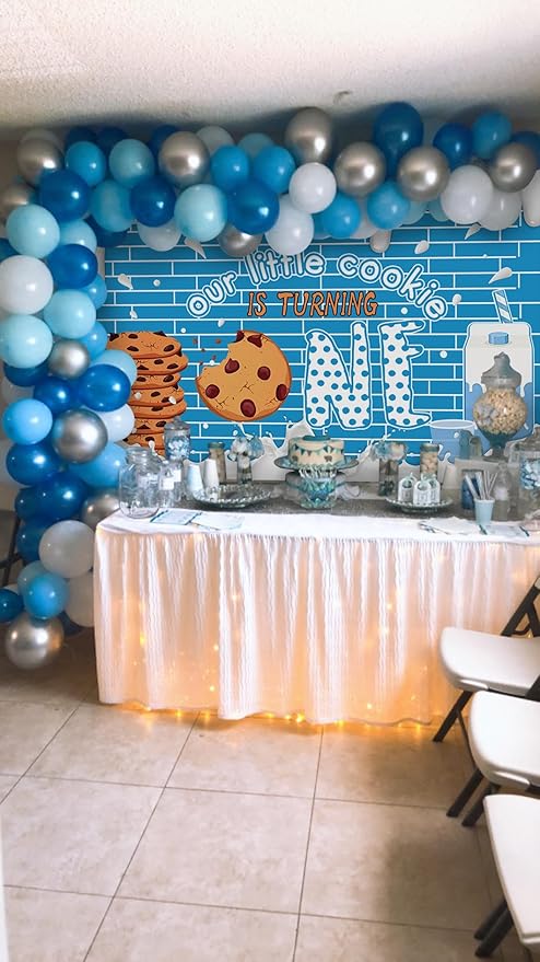 Mocscika Our Little Cookie is Turning One Backdrop Cookie Milk 1st Birthday Party Decoration for Boys Kids Blue Wall Decor Photography Background (White, 6x4ft(72''x48''))