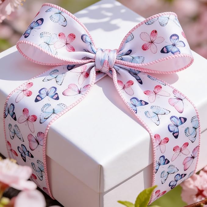 Meseey Spring Wired Edge Ribbon Pastel Butterfly Summer Decoration Ribbons for Wreaths, Crafts, Garlands, Gift Wrapping (Gradient Butterfly, 2.5 Inch)