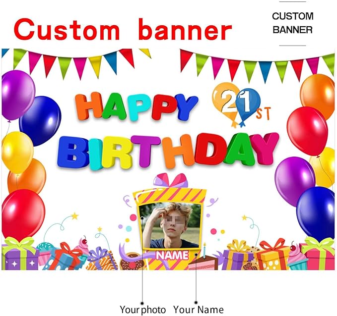 Custom Colorful Happy 21st Birthday Decoration Banner - Personalized with Photos and Names