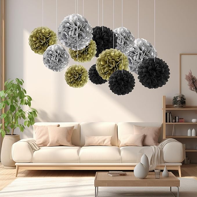 18 PCS Tissue Paper Pom Poms, Tissue Pom Poms Flowers, Sizes of 6", 10", 12", 14" Hanging Paper Flower Ball for Wedding, Birthday, Halloween, Christmas, New Years Party Decor (Black Gold Silver)