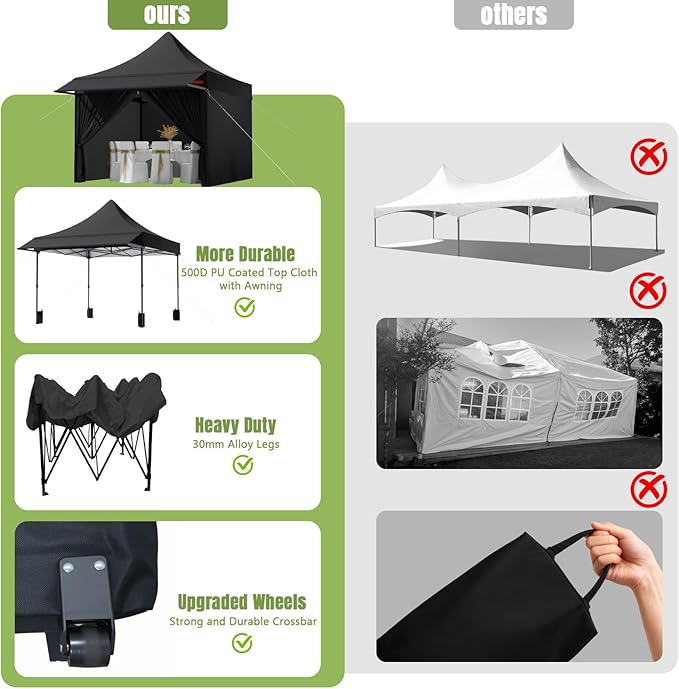 10x10 Pop Up Canopy Tent with Awning and Sidewalls, 550D Commercial Canopy, Waterproof Party Tent with Roller Bag, Black