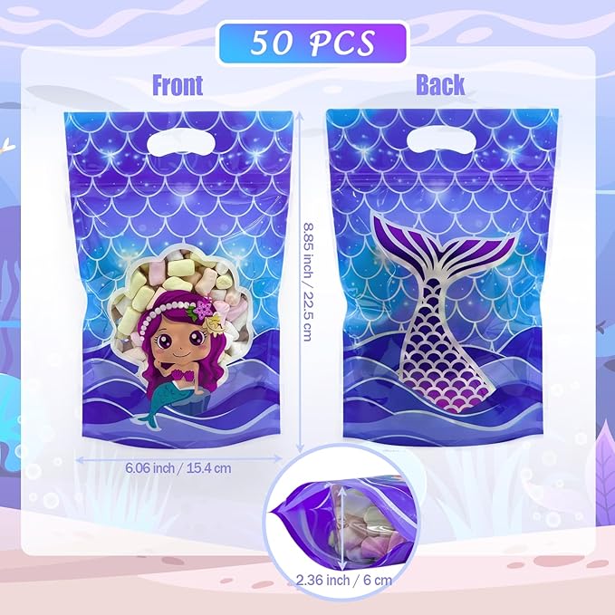 Rikolto Reusable Mermaid Party Favors Bags 50PCS Mermaid Zip Lock Bags Candy Cookie Sealing Bags with Handles for Birthday Party Small Gift Wrapping Supplies Decorations