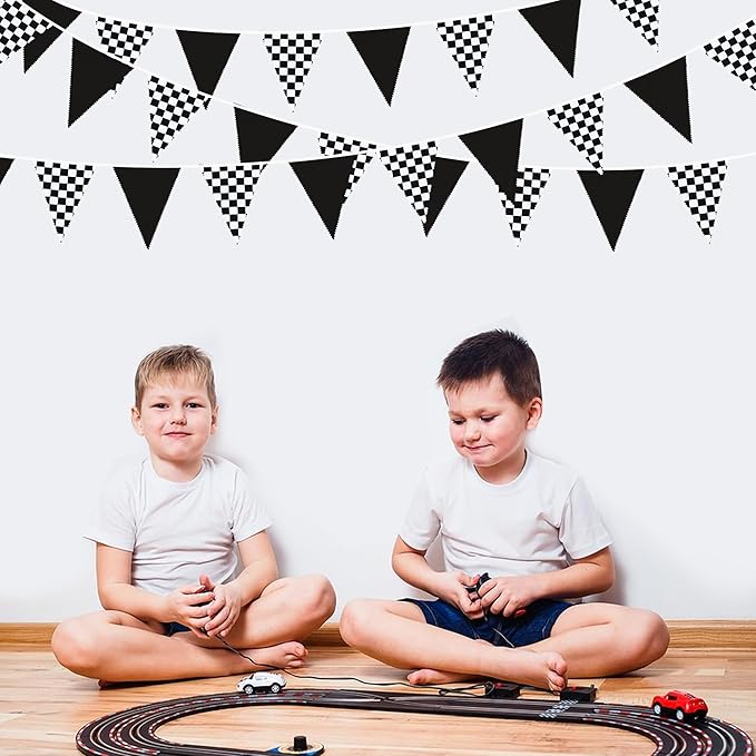 32Ft Racing Car Party Decorations Black White Checkered Race Car Triangle Banner Plaid Flag Pennant Fabric Garland Streamers for Kids Birthday Baby Shower NASCAR BBQ Bar Picnic Outdoor Decor Supplies