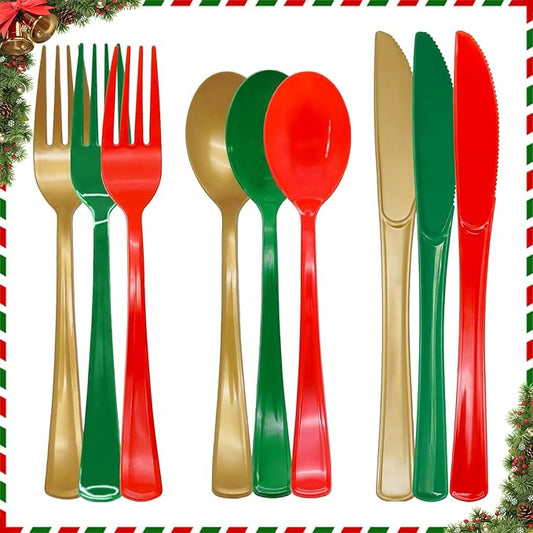 153 Pcs Christmas Plastic Silverware Heavy Duty Disposable Tableware Sets Includes Spoons Forks Knives for Christmas Party Supplies (Red Green Gold)
