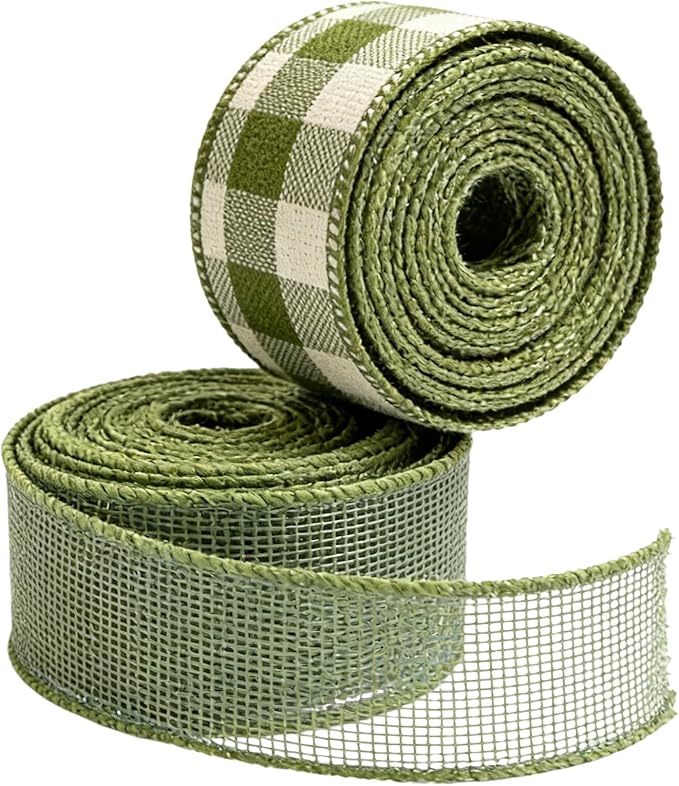 Meseey 1.5 Inch Green Burlap Wired Ribbon Set, 2 Rolls Total 10 Yards Solid Sage Green & Green White Buffalo Check Wired Edge Ribbons for Gift Wrapping, Wreaths, Crafts, Farmhouse Home Decorations