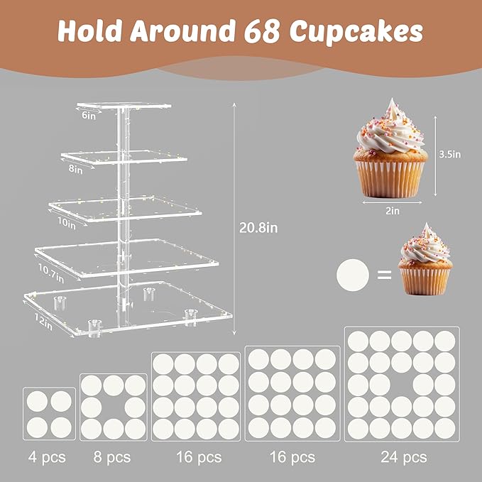 weddingwish 5 Tier Acrylic Cupcake Stand with LED Light, Clear Cupcake Stand for 50 Cupcakes, Cupcake Holder Tower Dessert Table Display Set for Birthday, Baby Shower, Tea Party and Wedding Décor