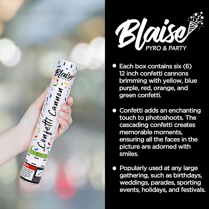 Blaise Pyro & Party Multi-Colored Confetti Poppers - Easy to Use Paper Confetti Poppers for Weddings, Birthdays, Anniversaries & More - Colorful Confetti Cannon for Memorable Photos - 6 Pack, 12 Inch