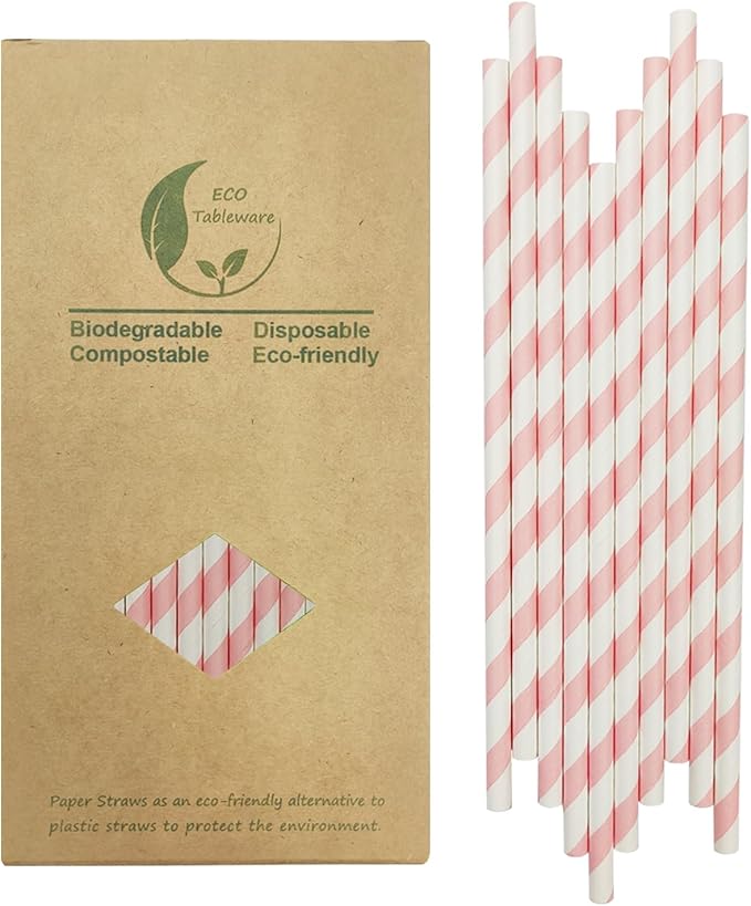 Cute Pink Striped Paper Straws, 100 Pack Pink and White Drinking Straws for Cake Pop Sticks, Princess Party Wedding Decoration - 100% Biodegradable