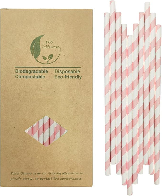 Cute Pink Striped Paper Straws, 100 Pack Pink and White Drinking Straws for Cake Pop Sticks, Princess Party Wedding Decoration - 100% Biodegradable