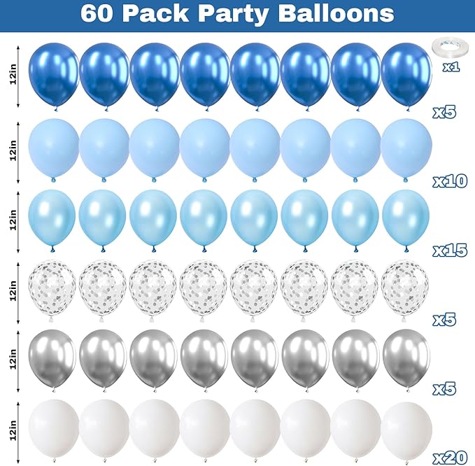 Jobkoo Blue and White Balloons, 60 Pcs 12 Inch Pastel Baby Blue Silver Latex Balloon with Metallic Confetti Balloons Graduation Balloon for Boys Birthday Baby Shower Christening Grad Party Decorations