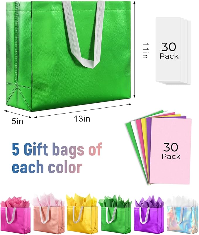 Lzerking Gift Bags with Handles 30 Pack 13x5x11in Includes Tissue Paper Colorful Reusable Gift Bags for Parties, Birthdays, Weddings, Holidays