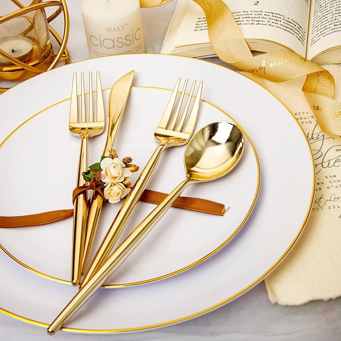 Rubtlamp 180Pcs Gold Plastic Silverware,Luxury Gold Plastic Cutlery,Heavy duty Golden Disposable Flatware, Utensils Set Disposable Include 60Gold Forks,60Gold Spoons,60Plastic Knives for Party,Wedding