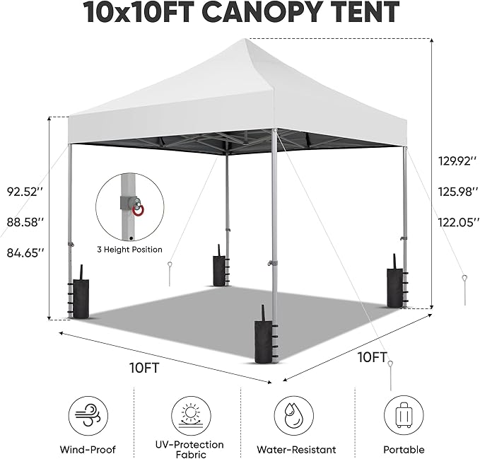 GDY 10x10 Ft Steeple Outdoor Pop Up Canopy Tent, Commercial Portable Instant Folding Gazebos, Hexagonal Tube Patio Canopies with Wheel Bag, White.
