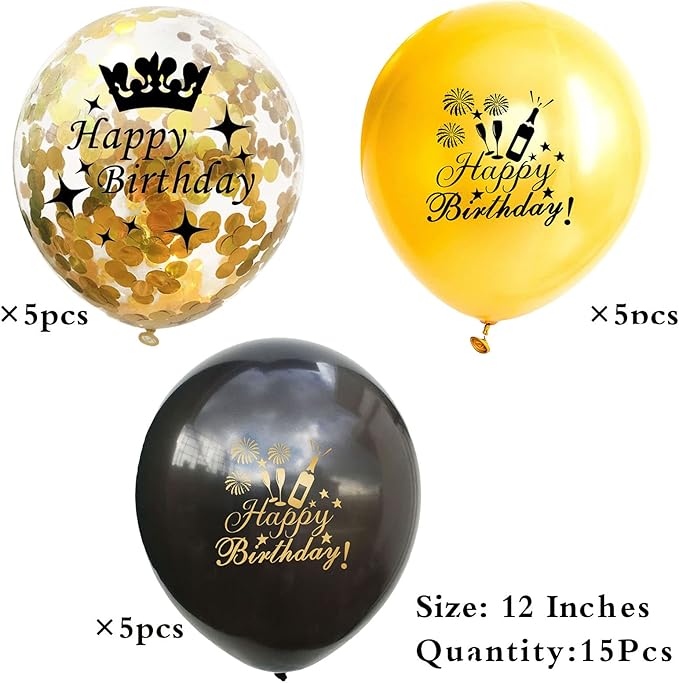 SHUNTAI Happy Birthday Balloons Black and Gold Party Decorations Latex Gold Confetti Balloon Printed Happy Birthday for Women Men Girls Boys Theme Birthday Party Decor Supplies 15 Pack 12 Inch