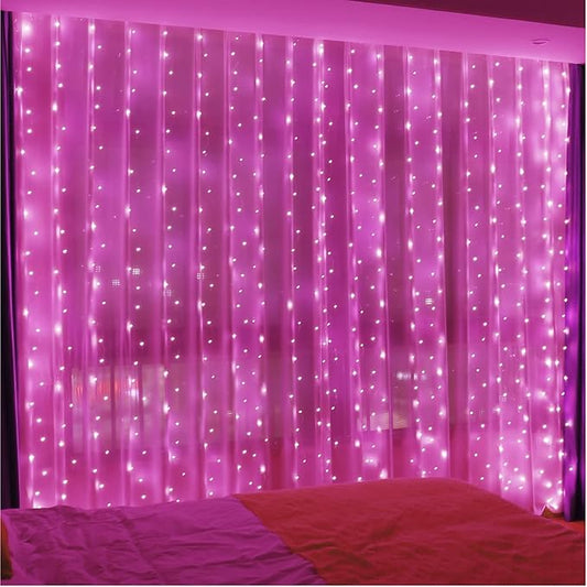 ZSJWL 300 LED Pink Curtain Fairy Lights with Remote, 8 Modes 9.8 × 9.8 Ft Waterproof USB Plug in Copper Wire Lights for Bedroom Window Chrismas Wedding Party