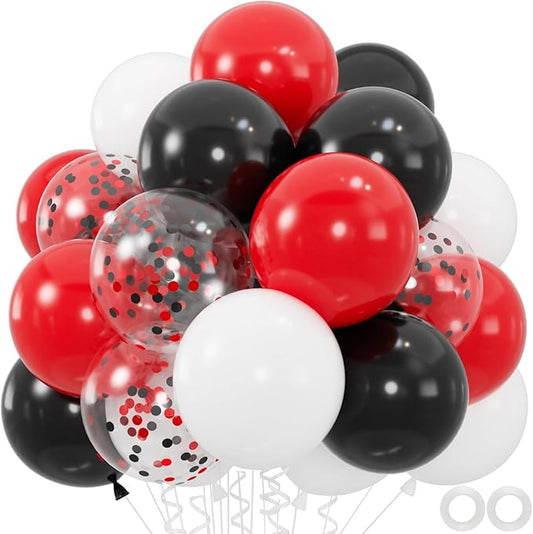 60pcs Red Black White Balloons Kit,12" Party Balloons with Confetti for Class of 2026 Graduation, Birthday, Baby Shower, Racing Car, Poker Card, Casino Party Decorations (66FT Ribbons)