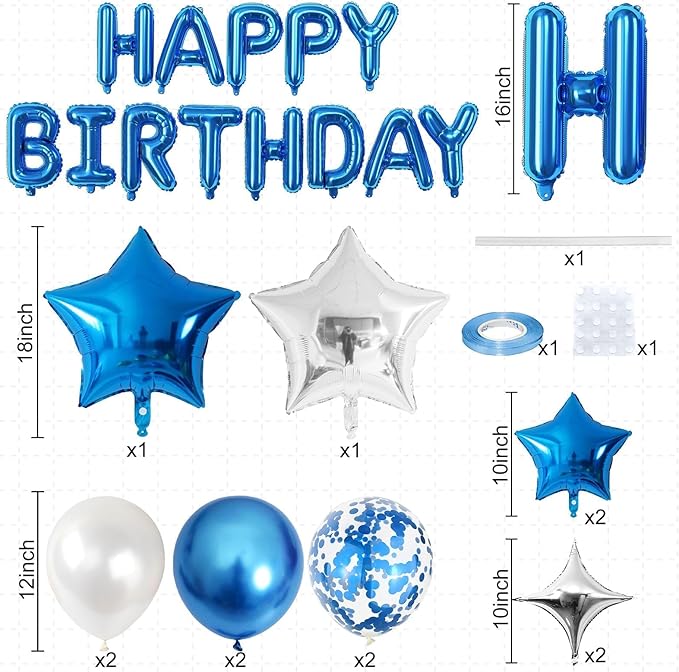 Happy Birthday Balloon Banner Blue Silver, 16 Inch Mylar Foil Letter Balloons, Reusable Birthday Decorations with Blue and Silver Balloons, Inflatable Party Supplies for Women Men Boys Girls Decor