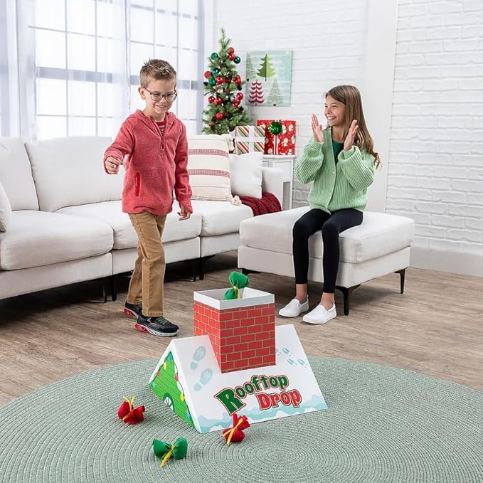 Fun Express Christmas Bean Bag Toss Game for Kids - Holiday Rooftop Chimney Drop Party Game Set with 6 Present Bags | Fun Activities for Family Games, Parties & Winter Entertainment
