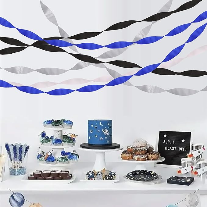 BEISHIDA 8 Rolls Blue Black Silver White Streamers Crepe Paper Streamers for Graduation Party Decorations Men Birthday DIY Craft Paper(1.8 Inch x 82 Ft/Roll)