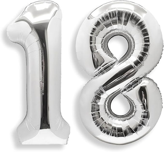 AULE 40 Inch Jumbo Silver Foil Mylar Number Balloons for Boy Girl 18th Birthday Party Decorations 18 Years Old Anniversary Party Supplies