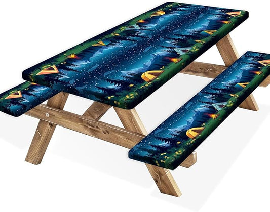 Camping Picnic Table Cover with Bench Covers, Camping Essentials, Forest Campfire Tent Flowers Outdoor Table Covers, Waterproof Windproof, Fitted Tablecloth Cover with Elastic Edge, 3 PCS, 30x60 Inch