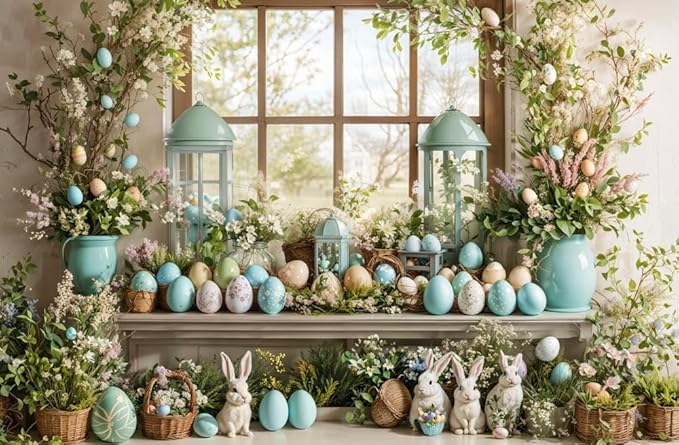 Kate Easter Photography Backdrops Rabbits Colorful Eggs Backdrops for Photoshoot Spring Window Holiday Party Decor Props, 10x6.5ft