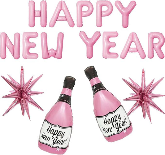 16 Pcs Pink New Year Champagne Bottle Balloons Happy New Year Banner Star NYE Set for Eve Party Decorations Decor Supplies