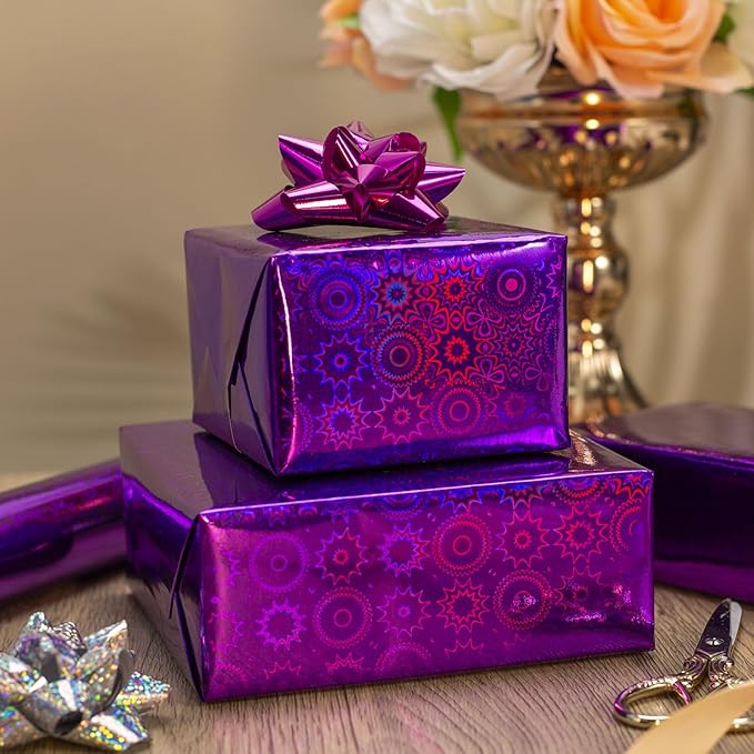 Burymento Purple Wrapping Paper Roll, Metallic Holographic Bohemia Gift Wrap for Birthday, Valentines, Mothers day, Graduation, Wedding, Fathers day, Baby Shower, Christmas (17 IN x 32.8 FT)