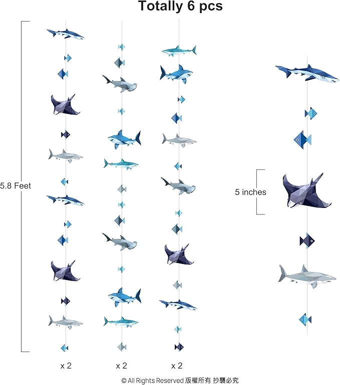 Cheerland Shark Party Decorations Shark Week Decorations Hanging Under the Sea Animals Garland Geometric Ocean Nautical Fish Birthday Decor Summer Fish Streamers Sea Creature Theme Backdrop Pack of 6