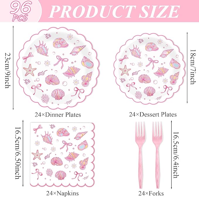 96pcs Scalloped Coastal Party Supplies Tropical Pink Bow Starfish Seashell Plates and Napkins Tableware Set Ocean Theme Party Decorations for Summer Beach Wedding Birthday Bachelorette for 24 Guests