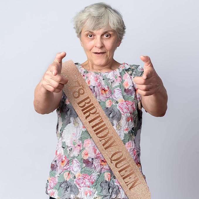 78 Birthday Queen 78th Birthday Sash for Women, Rose Gold Glitter Sash with Foil