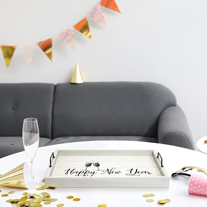 Elegant Designs HG2000-GNY Champagne Toast Decorative Wood Serving Tray w/Handles, 15.50" x 12", Light Gray Happy New Year