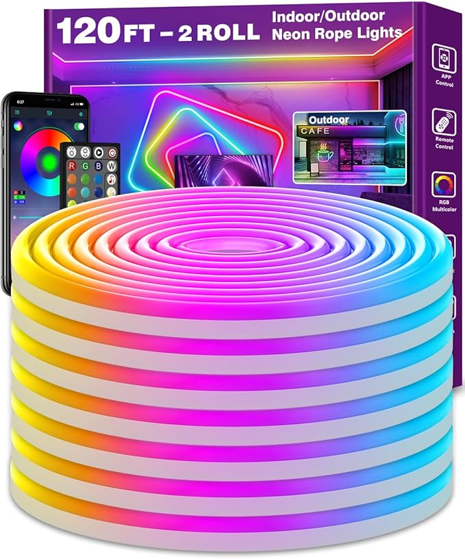 LETIANPAI 120Ft Neon Rope Lights,Flexible Led Rope Lights Control with App/Remote,Multiple Modes Music Sync Gaming RGB Led Neon Lights for Bedroom Outdoor