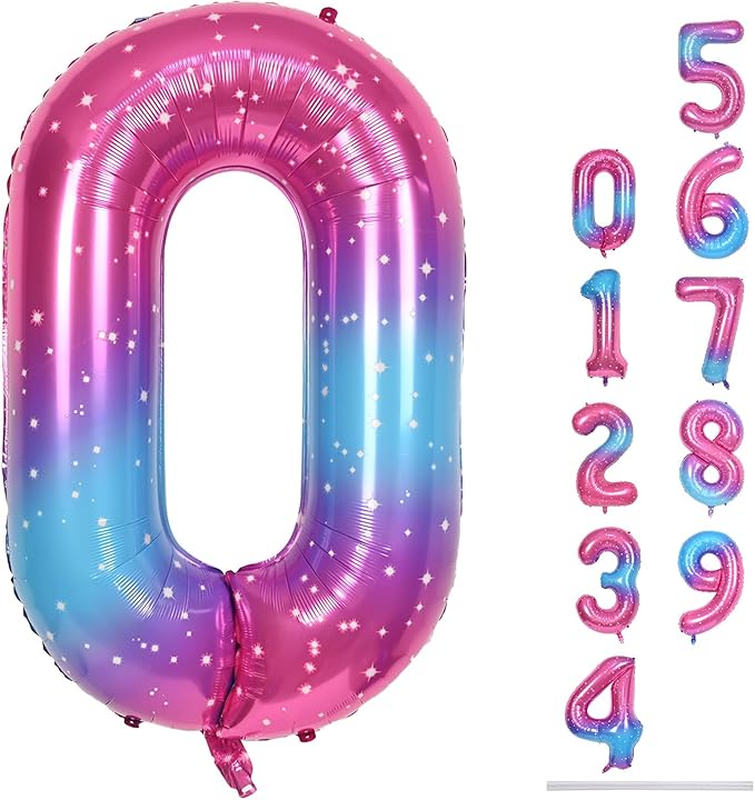 40 In Rianbow Large Numbers Balloons 0-9, Self Inflating Gradient Blue Pink Foil Number 0 Helium Balloons for Girls, Starry Digit 0 Balloons for Women Birthday Party Anniversary Supplies Decorations