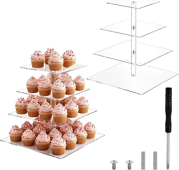 SHENLIU 2 Pack 4 Tier Acrylic Cupcake Stand for 50 Cupcakes, Large Square Cupcake Tower, Clear Acrylic Cupcakes Holder Display Dessert Stand for Birthday, Wedding, Baby Shower, Halloween, Party DéCor