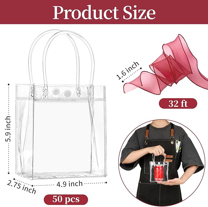Jutieuo 50 PCS Clear Plastic Gift Bags with Handles, 4.9 x 5.9 x 2.8 inches Small Reusable Transparent Party Favor Bags PVC Goodie Bags Bulk for Weddings, Baby Showers, Birthdays