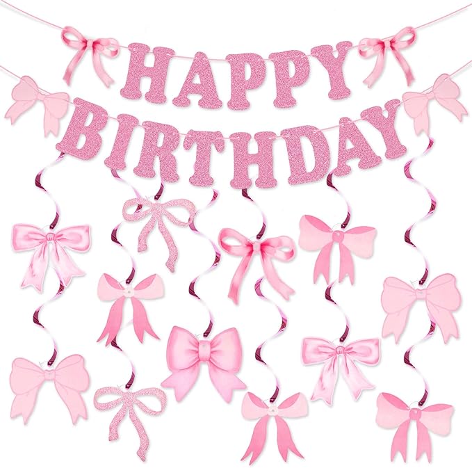 jijAcraft Pink Happy Birthday Banner, Pink Bow Party Banner with 14Pcs Bow Swirls Hanging Garland, Girl Baby Shower Garland, Coquette Birthday Decoration for Wall, Fireplace, Window