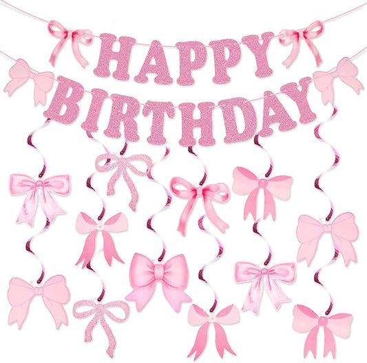 jijAcraft Pink Happy Birthday Banner, Pink Bow Party Banner with 14Pcs Bow Swirls Hanging Garland, Girl Baby Shower Garland, Coquette Birthday Decoration for Wall, Fireplace, Window