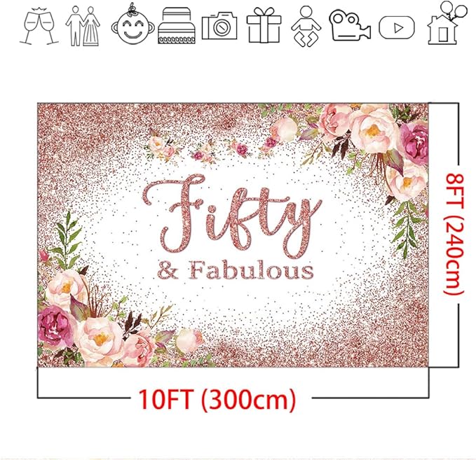 Mocsicka Fifty and Fabulous Backdrop Rose Gold Floral 50th Birthday Party Photo Backdrops Happy Fifty 50th Birthday Party Decorations Photography Background (10x8ft, 50th)