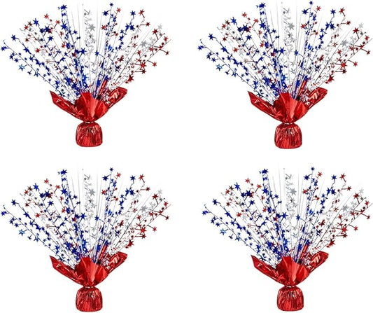4 Pack Metallic Foil Spray Centerpiece Stars for Wedding, Birthday, Anniversary, Christmas Table Decor, Holiday Festival Baby Shower Graduation Mantle Party Decorations (Red&Blue&Silver)