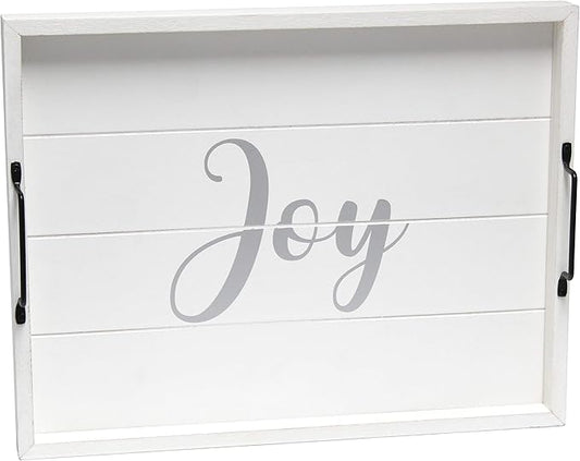 Elegant Designs HG2000-WJY Christmas Decoration 15.50" x 12" Decorative Wood Serving Tray w/Handles, White Wash Joy