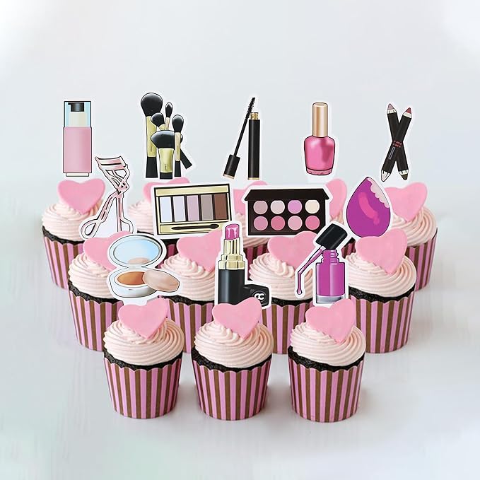 Ercadio 36Pcs Double-Sided Makeup Cupcake Toppers Lipstick Cosmetics Cupcake Picks Eye Shadow Eyelash Curler Food Picks for Girls Makeup Birthday Bridal Shower Bachelorette Party Decorations Supplies