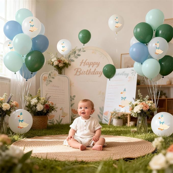 Silly Blue Bow Goose Balloons Set, 12 Inch Pastel Blue Sage Green White Goose Print Latex Balloons for Boy Girl 1st 2nd One Silly Goose Theme Birthday Baby Shower Party Decorations