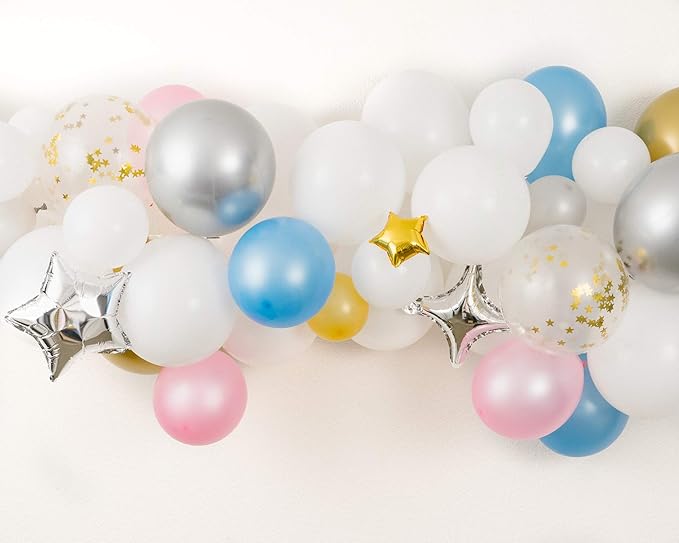 PapaKit Deluxe DIY Balloon Garland Set | 100 pc Assorted Balloons (12ft) | Decorating Strip, Adhesive, Tying Tool | Gender Reveal Mother to Be Baby Shower Party Decoration (Twinkle Little Stars)
