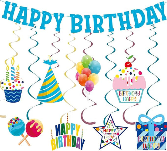 Pre-Strung Blue Birthday Decorations Boys - 9PCS Happy Birthday Banner Hanging Swirls Decorations Supplies Cheers to Boy's Birthday Party